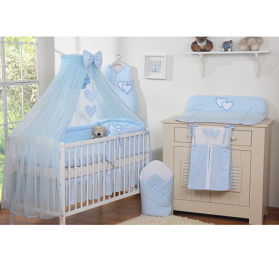 Conjunto de cama bebé  5 elementos coração azul E almofada de amamentação 